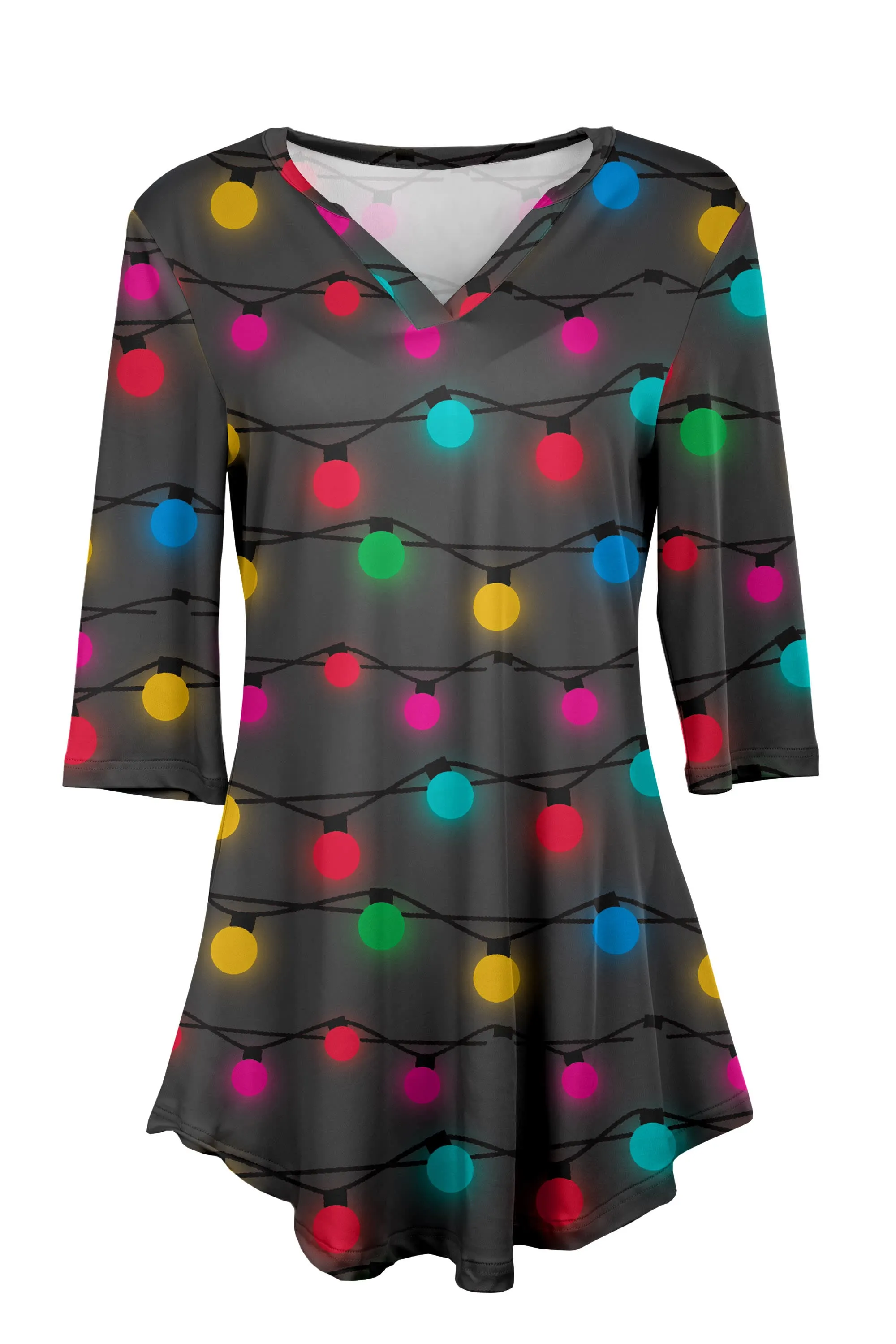 Lily by Firmiana Women's 3/4 Sleeve Notch Neck Tunic Charcoal Christmas Light Bulb Print sold by Zulily product image thumbnail 2