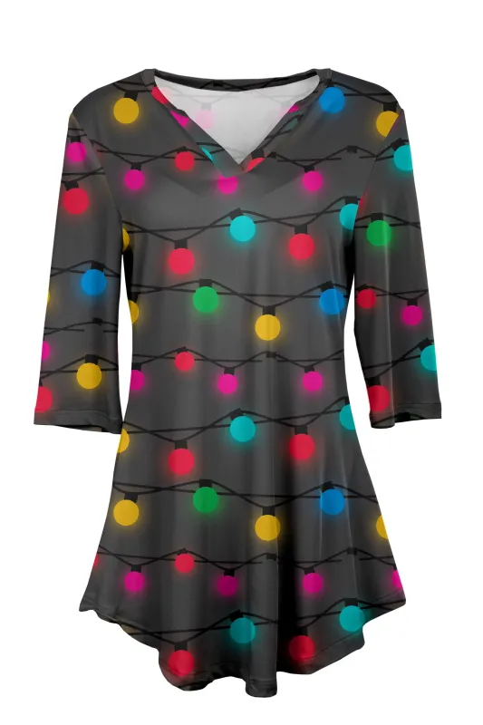 Lily by Firmiana Women's 3/4 Sleeve Notch Neck Tunic Charcoal Christmas Light Bulb Print sold by Zulily