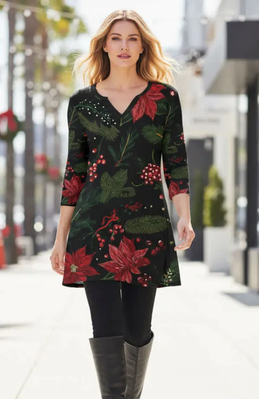 Lily by Firmiana Women's 3/4 Sleeve Notch Neck Tunic Green & Red Poinsettia Floral Holiday Print sold by Zulily