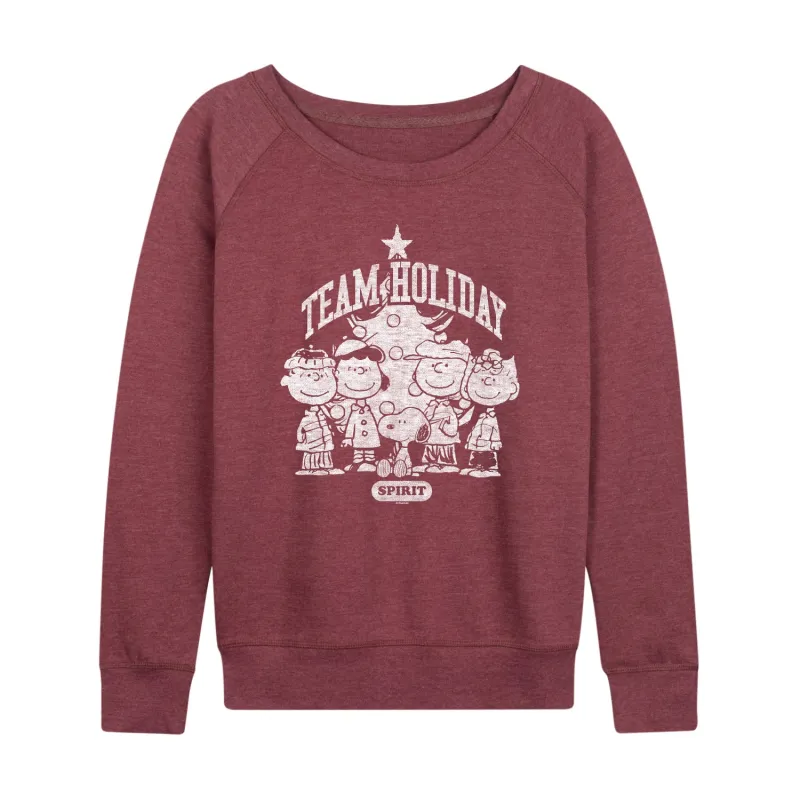 Peanuts - Group Team Holiday Spirit - Women's French Terry Long Sleeve Pullover sold by Zulily