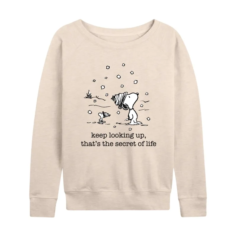 Peanuts - Dec Snoopy Woodstock Snowfall - Women's French Terry Long Sleeve Pullover sold by Zulily