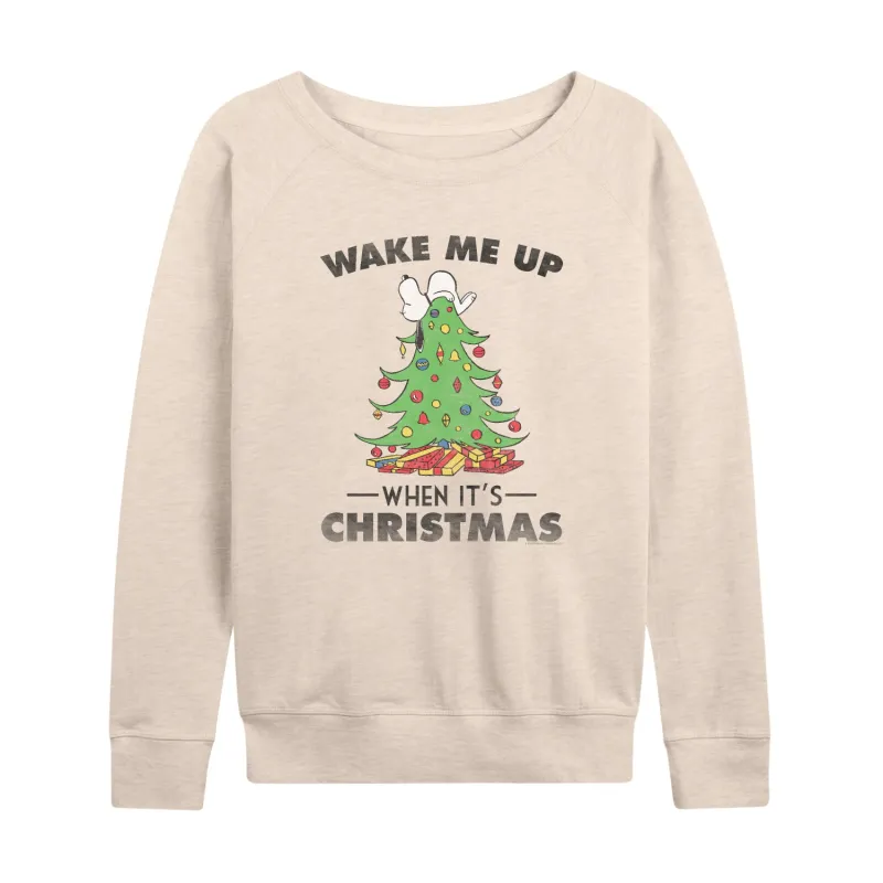 Peanuts - Snoopy Wake Me Up Christmas - Women's French Terry Long Sleeve Pullover sold by Zulily