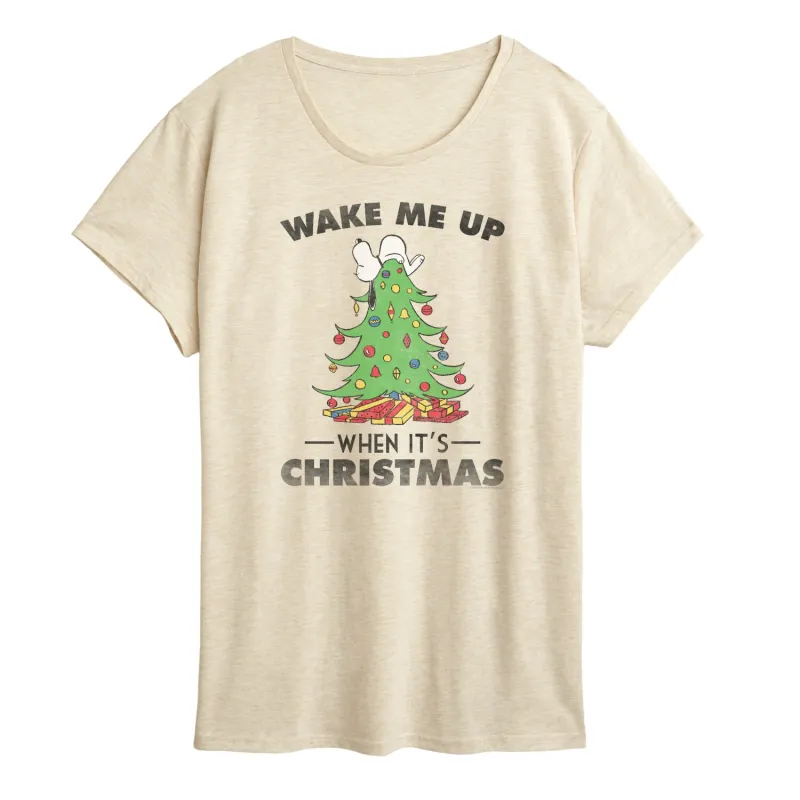 Peanuts - Snoopy Wake Me Up Christmas - Women's Short Sleeve Graphic T-Shirt sold by Zulily