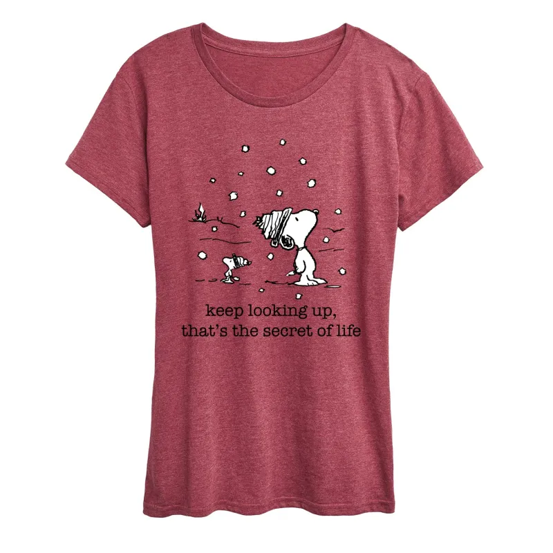 Peanuts - Dec Snoopy Woodstock Snowfall - Women's Short Sleeve Graphic T-Shirt sold by Zulily