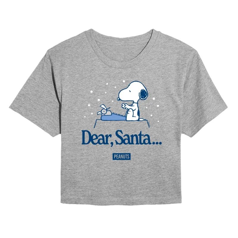 Peanuts - Snoopy Dear Santa - Juniors Cropped Short Sleeve Graphic T-Shirt sold by Zulily