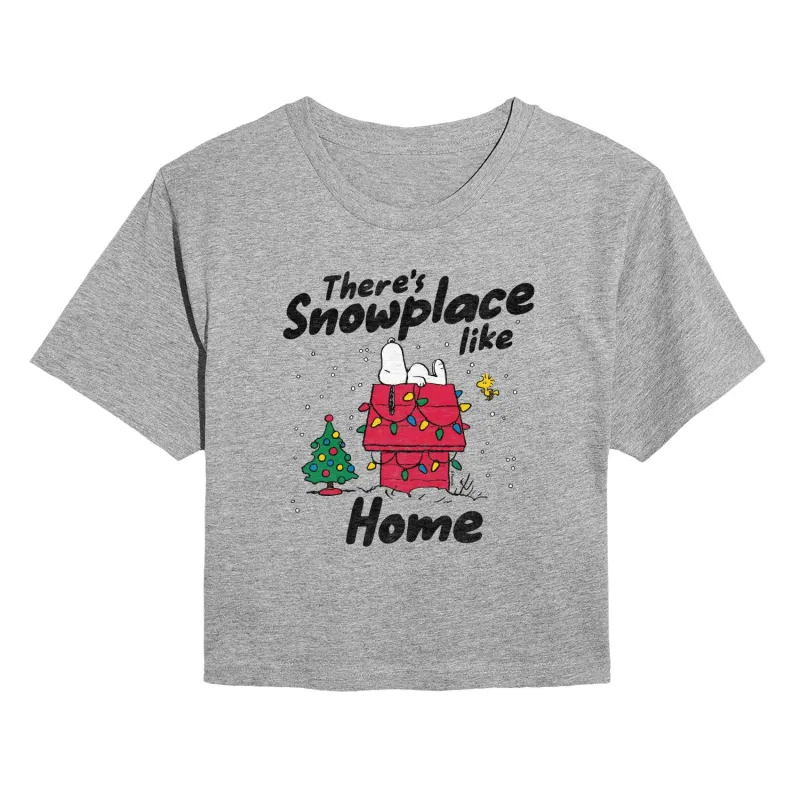 Peanuts - Theres Snowplace Like Home - Juniors Cropped Short Sleeve Graphic T-Shirt sold by Zulily