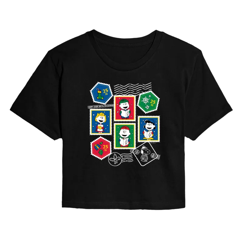 Peanuts - Christmas Stamps - Juniors Cropped Short Sleeve Graphic T-Shirt sold by Zulily