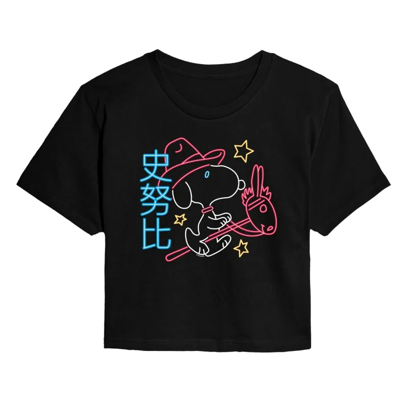 Peanuts - Neon Lunar NY Snoopy - Juniors Cropped Short Sleeve Graphic T-Shirt sold by Zulily