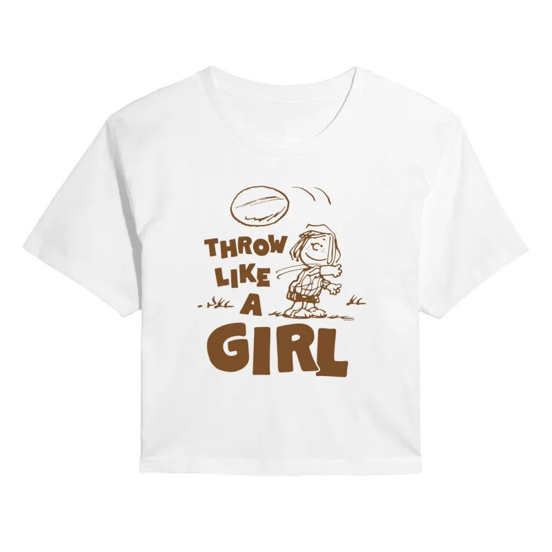 Peanuts - Throw Like A Girl - Juniors Cropped Short Sleeve Graphic T-Shirt sold by Zulily