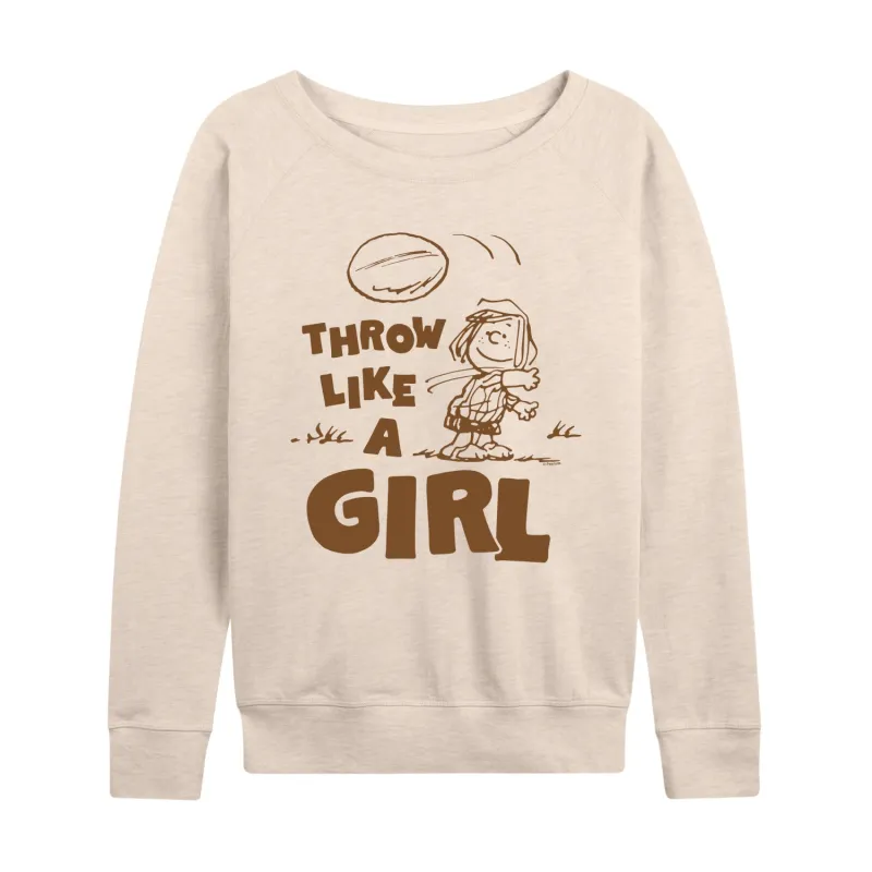 Peanuts - Throw Like A Girl - Women's French Terry Long Sleeve Pullover sold by Zulily