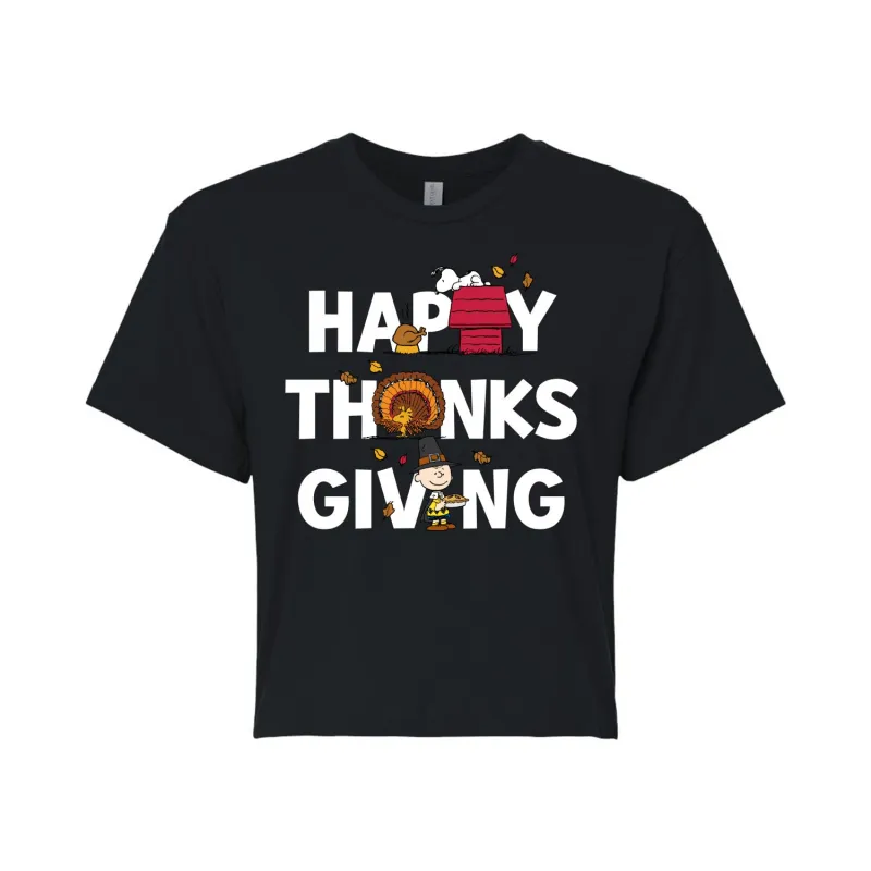 Peanuts - Happy Thanksgiving Icons - Juniors Cropped Cotton Blend T-Shirt sold by Zulily