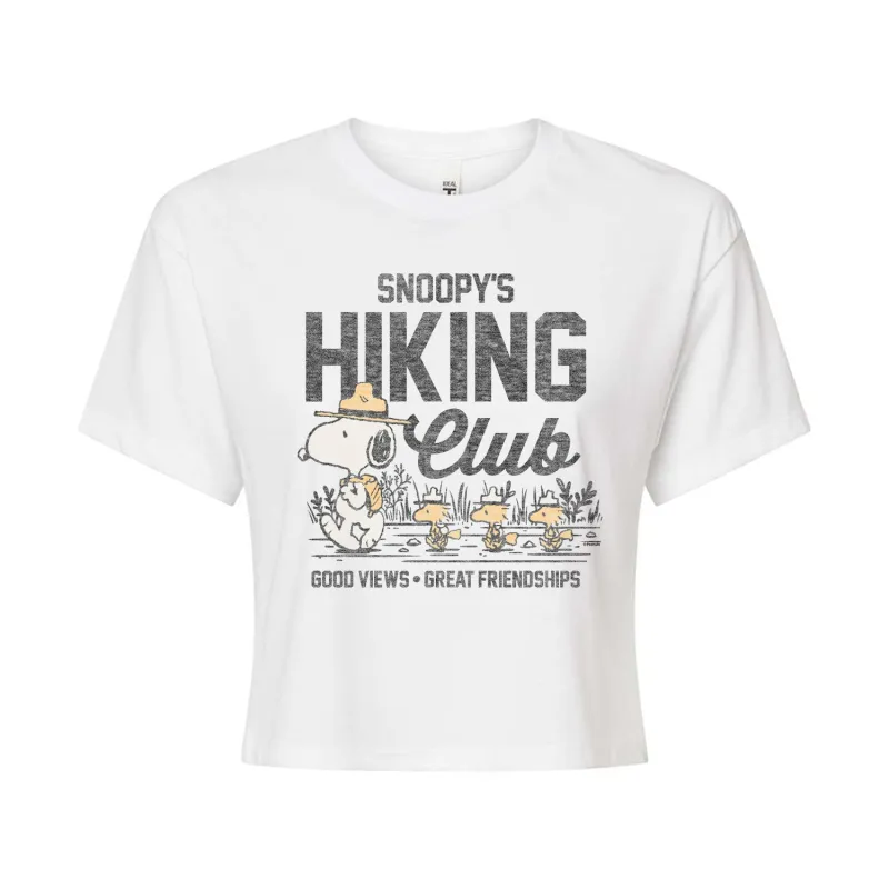 Peanuts - Snoopys Hiking Club - Juniors Cropped Cotton Blend T-Shirt sold by Zulily