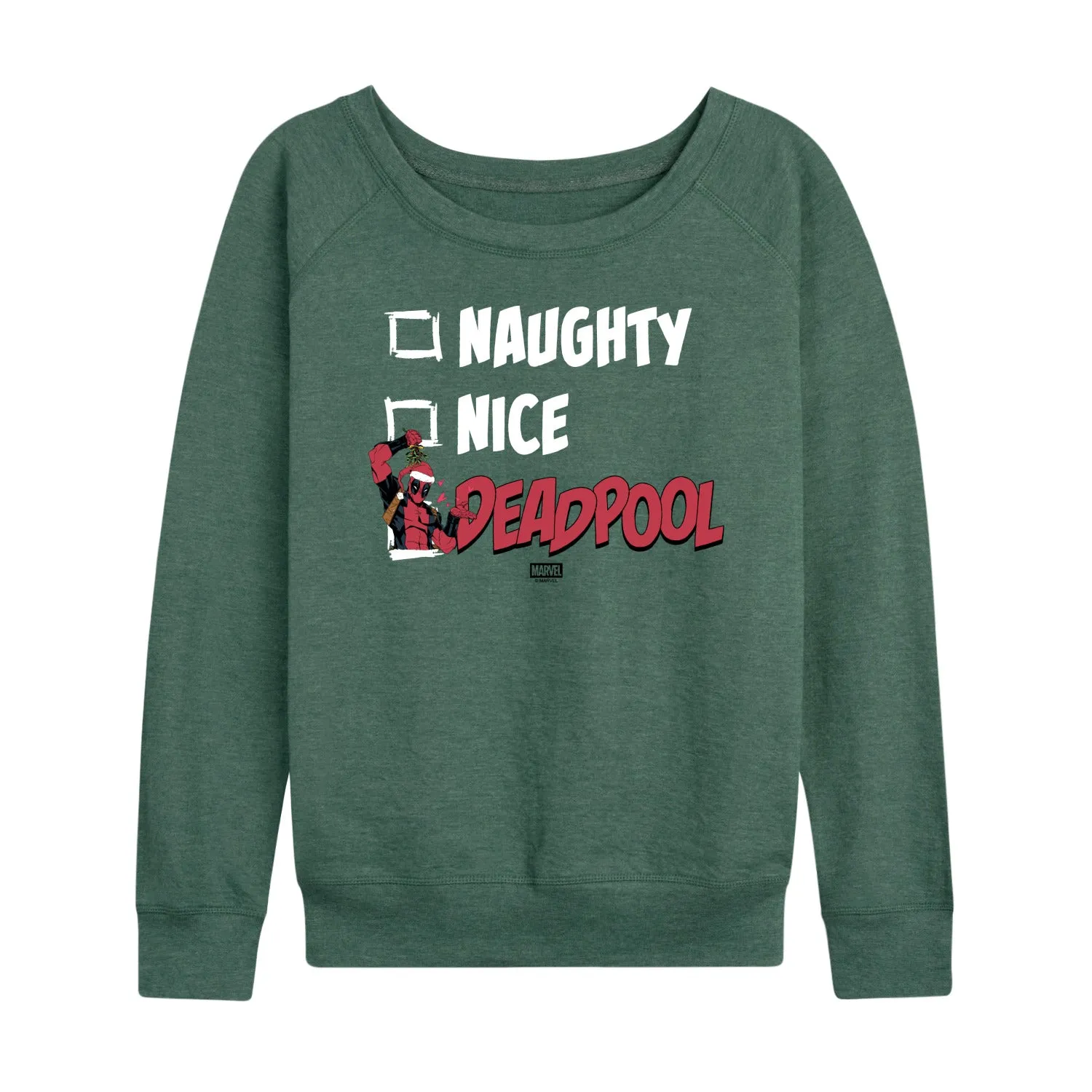Marvel - Naughty Nice Deadpool - Women's French Terry Long Sleeve Pullover sold by Zulily