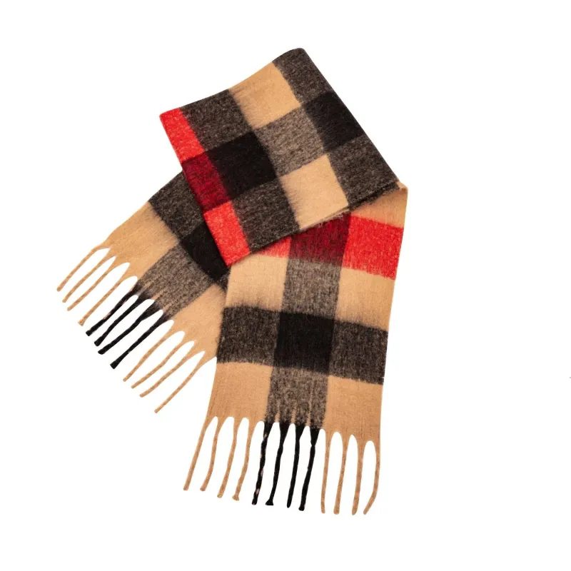 Sprigs Oversized Check Fringe Scarf - Camel/Red sold by Zulily