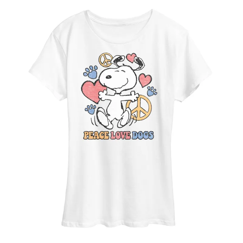 Peanuts - Peace Love Dogs - Women's Short Sleeve Graphic T-Shirt sold by Zulily