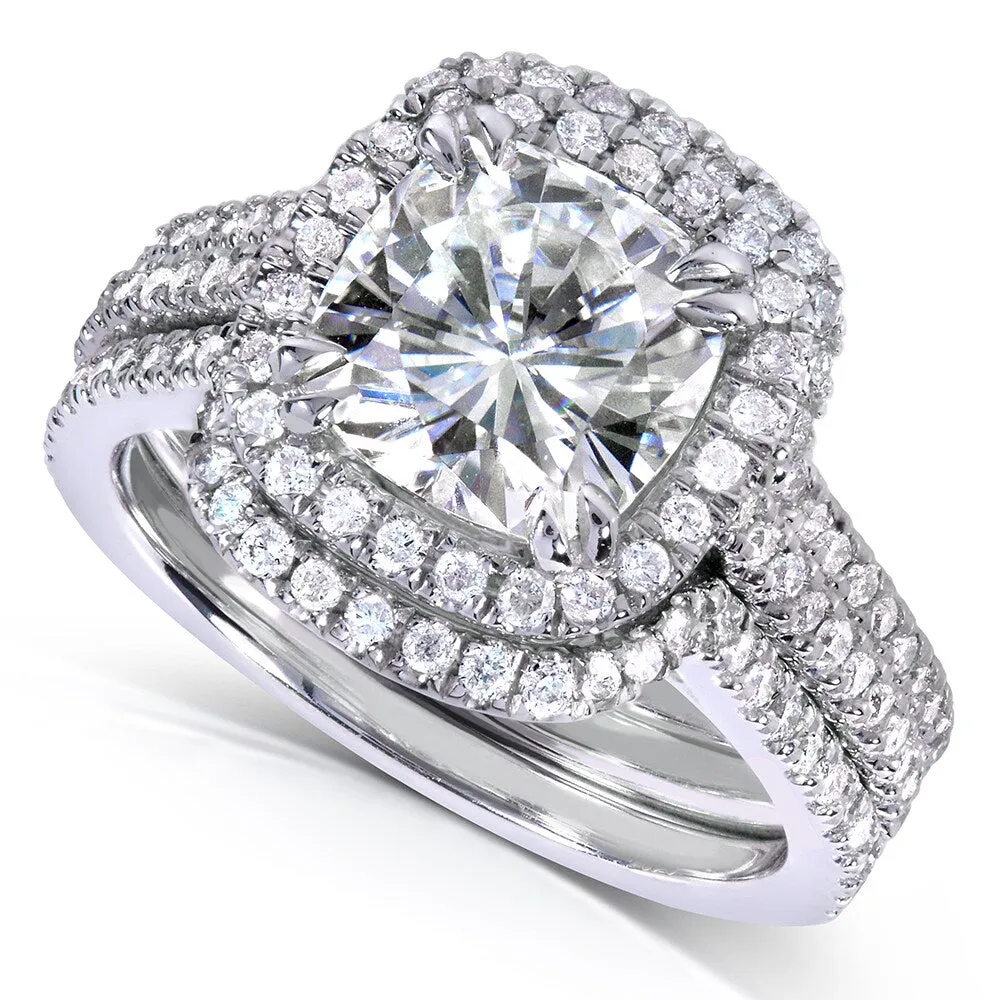Annello by Kobelli 14k White Gold 2ct TGW Moissanite 5/8ct TDW Diamond Halo Bridal Set sold by Zulily product image thumbnail 3