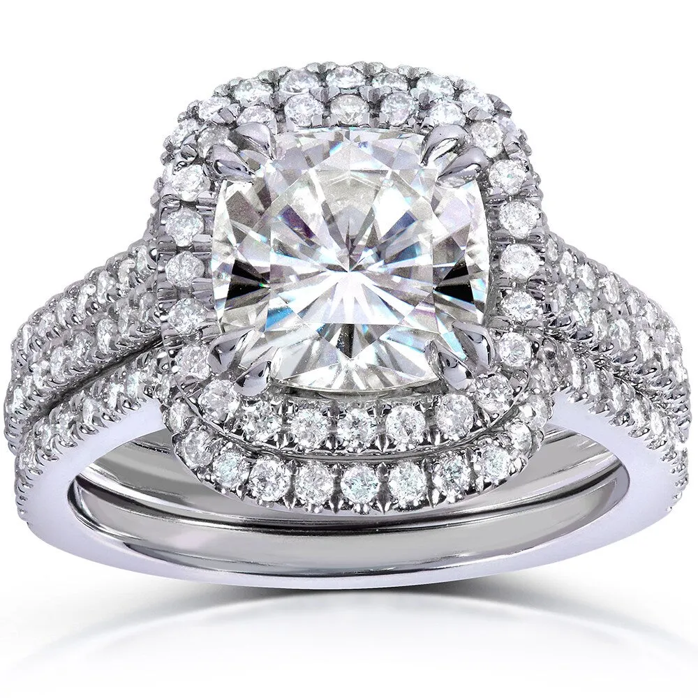 Annello by Kobelli 14k White Gold 2ct TGW Moissanite 5/8ct TDW Diamond Halo Bridal Set sold by Zulily product image thumbnail 2