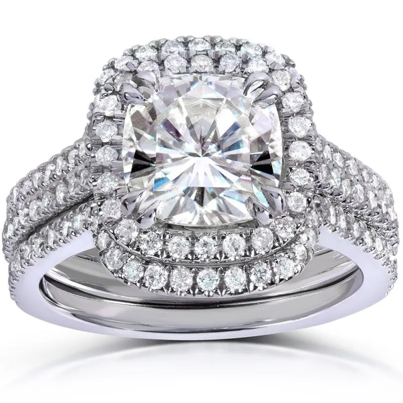 Annello by Kobelli 14k White Gold 2ct TGW Moissanite 5/8ct TDW Diamond Halo Bridal Set sold by Zulily