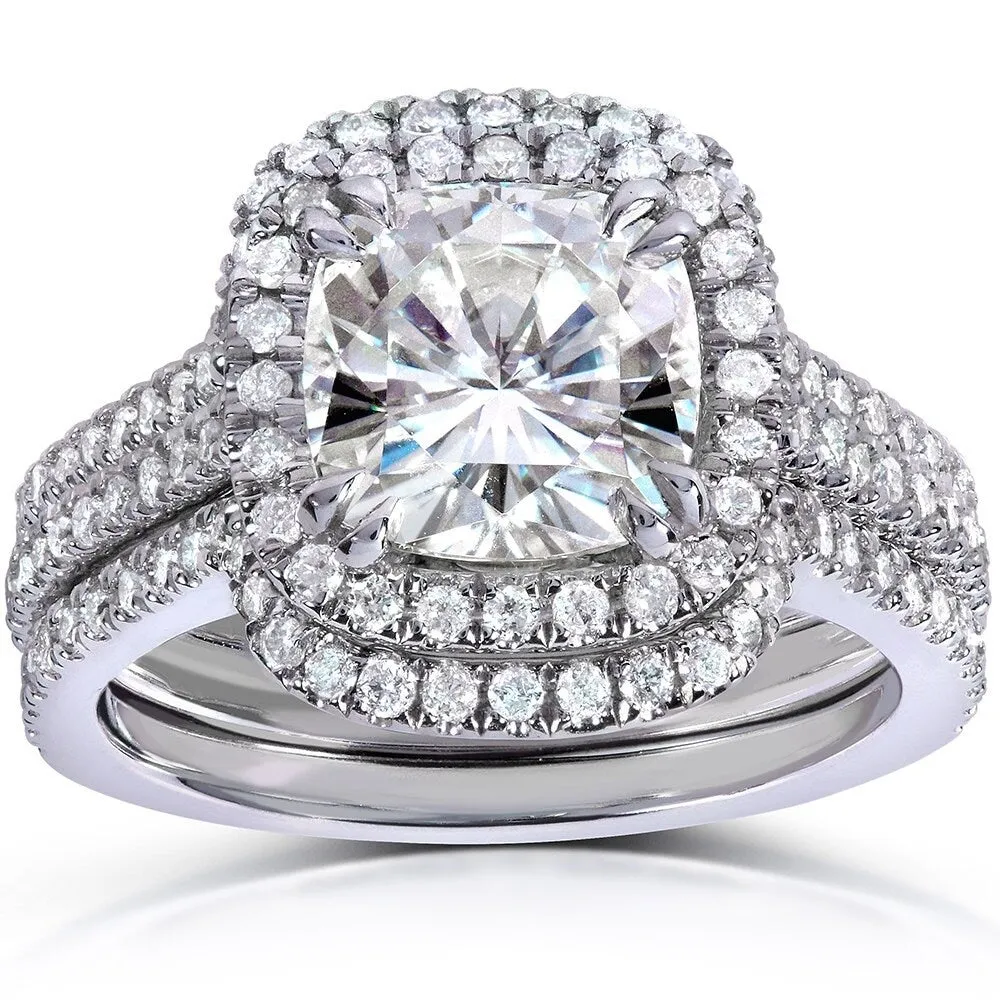 Annello by Kobelli 14k White Gold 2ct TGW Moissanite 5/8ct TDW Diamond Halo Bridal Set sold by Zulily