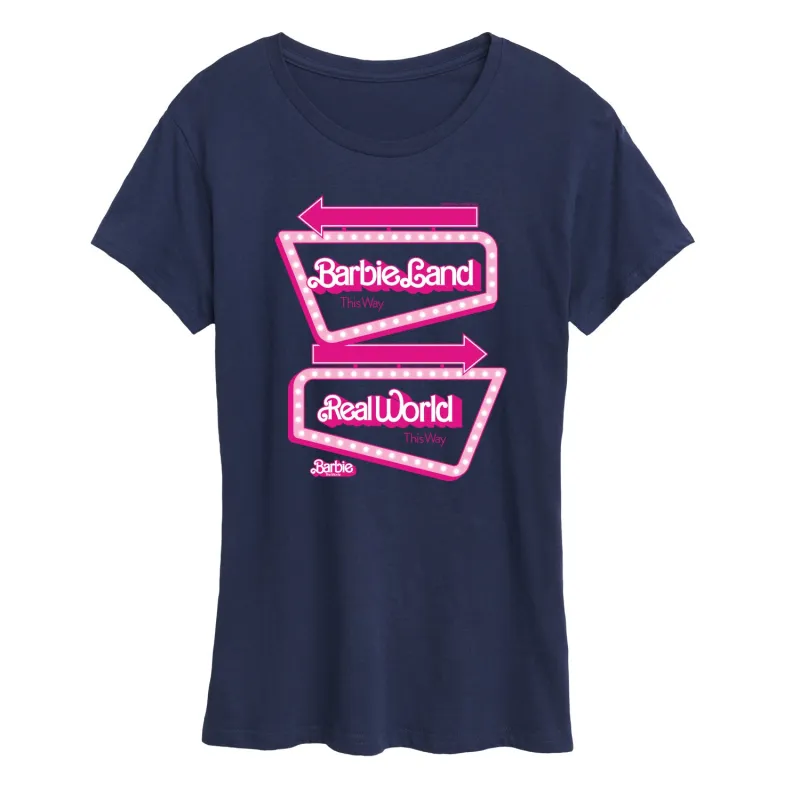 Barbie The Movie - Barbieland Real World This Way Signs - Women's Short Sleeve Graphic T-Shirt sold by Zulily
