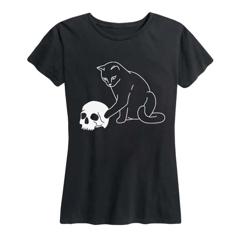 Instant Message - Cat Playing with Skull - Women's Short Sleeve Graphic T-shirt sold by Zulily