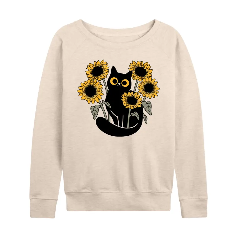 Instant Message - Black Cat in Sunflowers - Women's French Terry Long Sleeve Pullover sold by Zulily