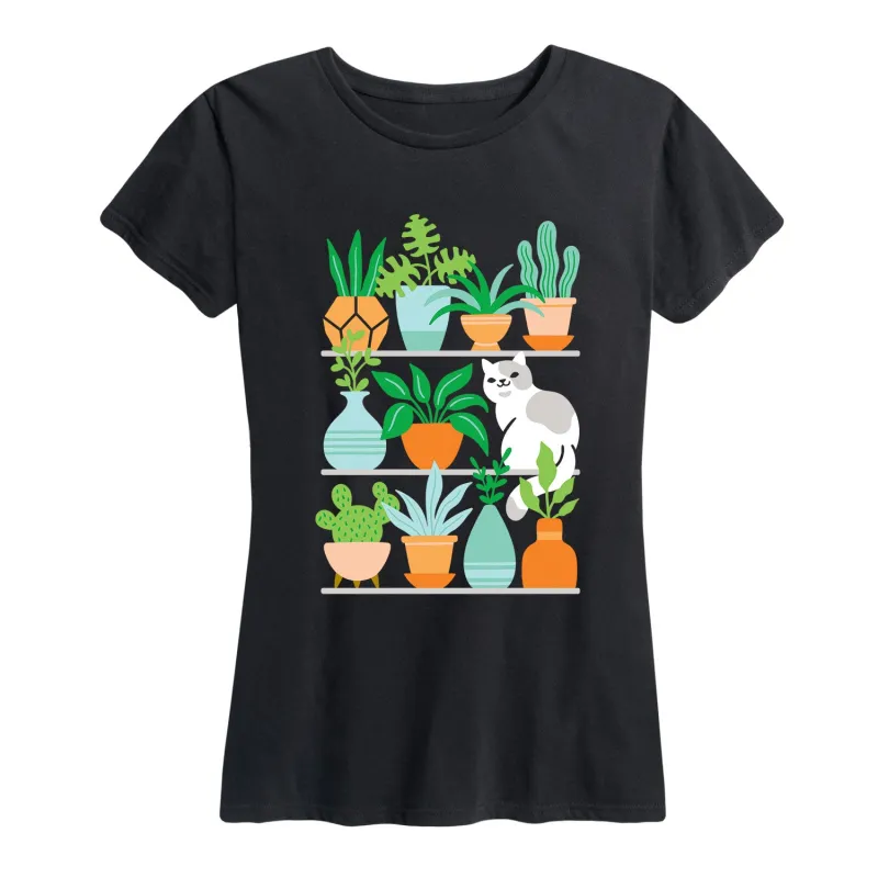 Instant Message - Succulents Cat on Shelves - Women's Short Sleeve Graphic T-shirt sold by Zulily