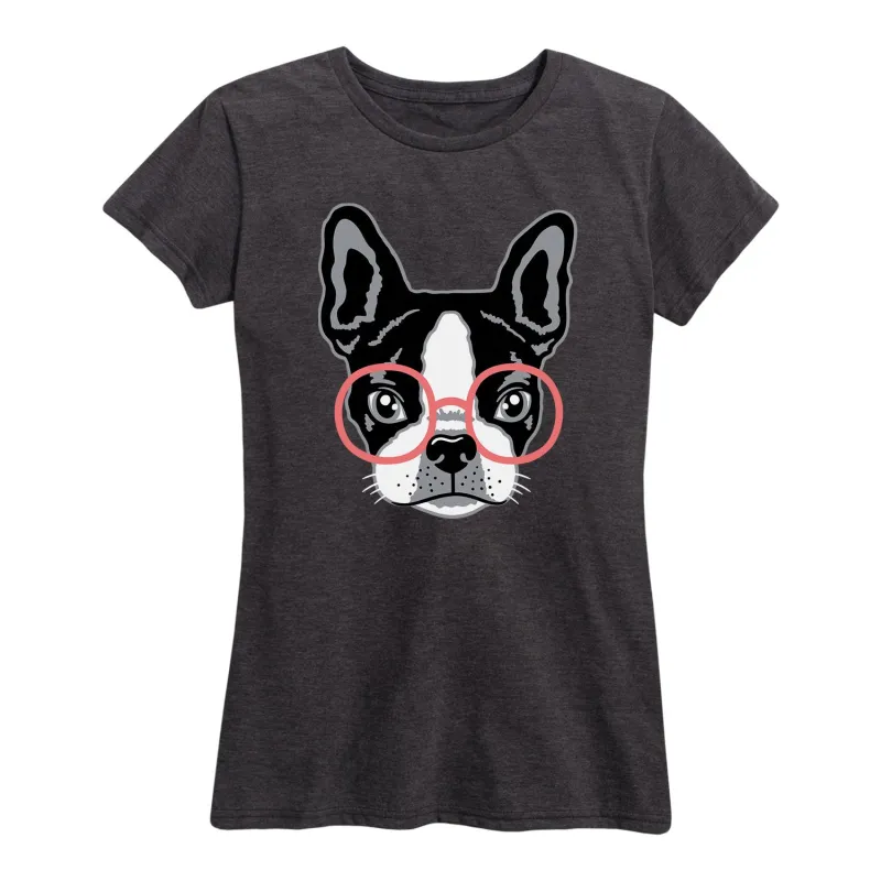 Instant Message - French Bulldog With Glasses - Women's Short Sleeve Graphic T-shirt sold by Zulily