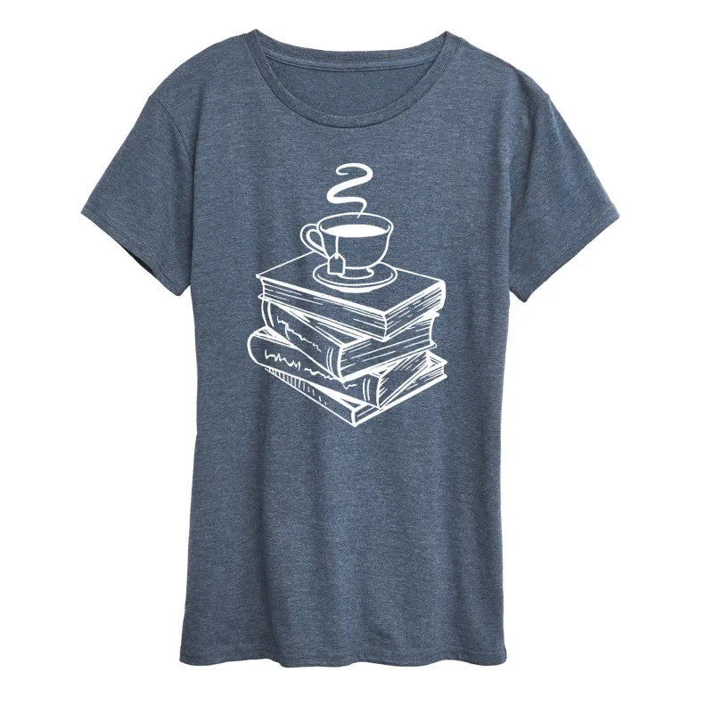 Instant Message - Tea And Stacked Books - Women's Short Sleeve Graphic T-Shirt sold by Zulily