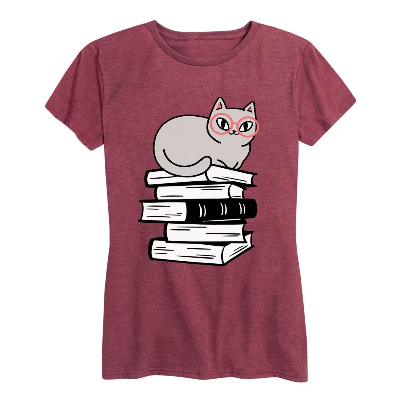 Instant Message - Cat on Books - Women's Short Sleeve Graphic T-shirt sold by Zulily