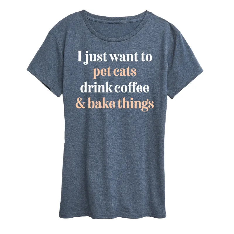 Instant Message - Pet Cats Drink Coffee Bake - Women's Short Sleeve Graphic T-Shirt sold by Zulily