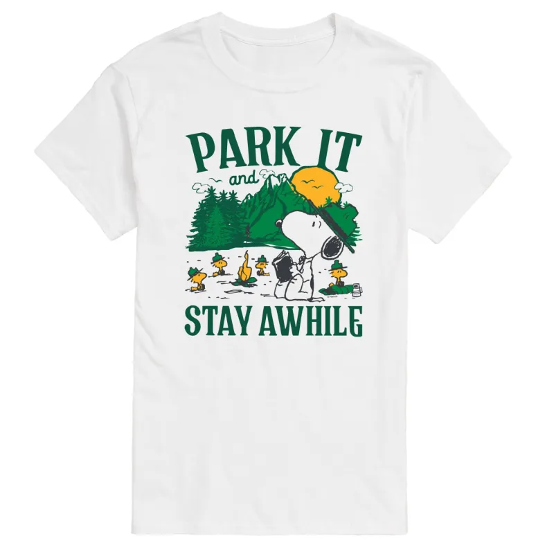 Peanuts - Park It And Stay Awhile - Men's Short Sleeve Graphic T-Shirt sold by Zulily
