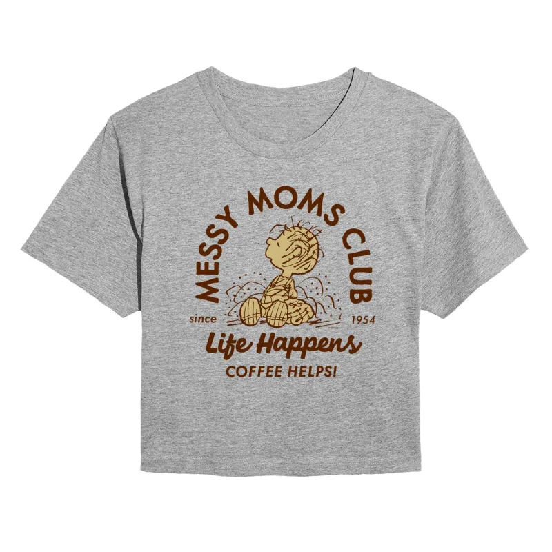 Peanuts - Messy Moms Club - Juniors Cropped Short Sleeve Graphic T-Shirt sold by Zulily