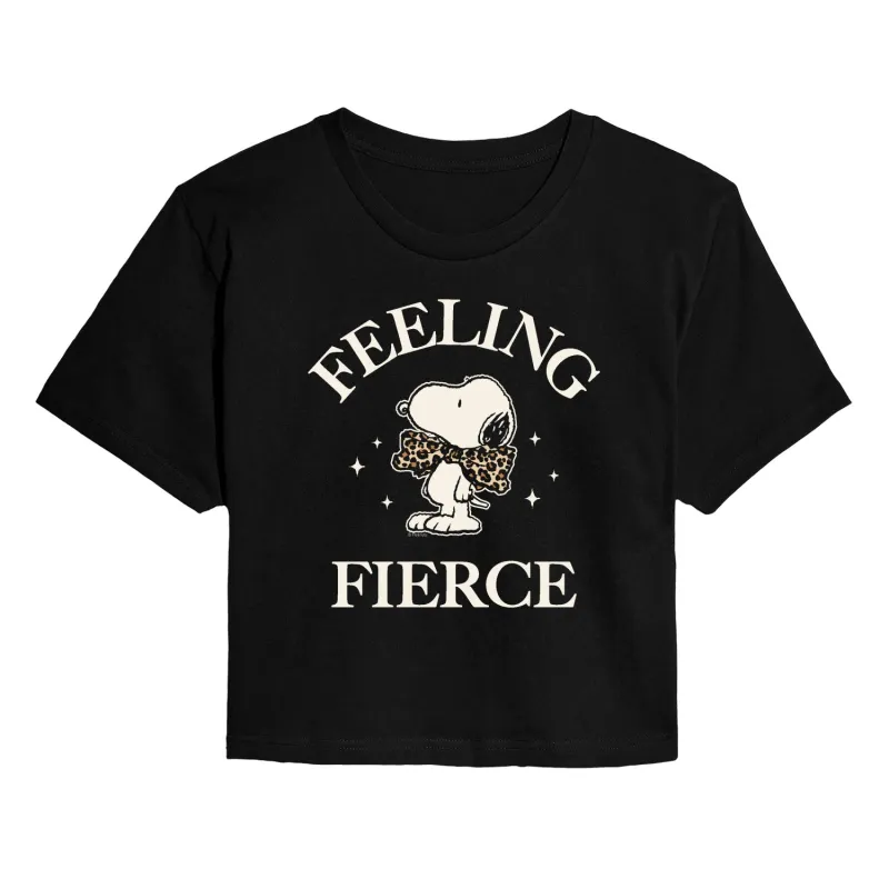 Peanuts - Feeling Fierce Snoopy - Juniors Cropped Short Sleeve Graphic T-Shirt sold by Zulily