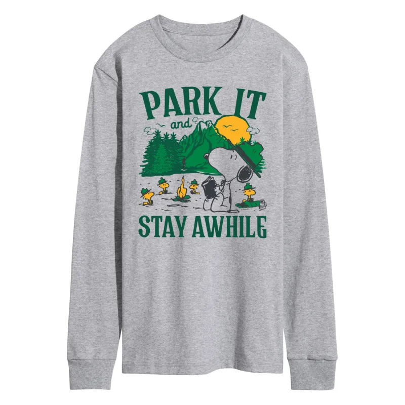 Peanuts - Park It And Stay Awhile - Men's Long Sleeve Graphic T-Shirt sold by Zulily