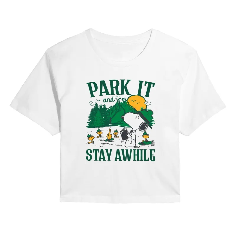 Peanuts - Park It And Stay Awhile - Juniors Cropped Short Sleeve Graphic T-Shirt sold by Zulily