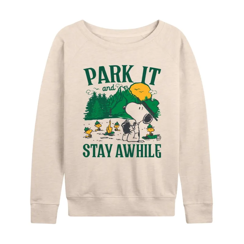 Peanuts - Park It And Stay Awhile - Women's French Terry Long Sleeve Pullover sold by Zulily
