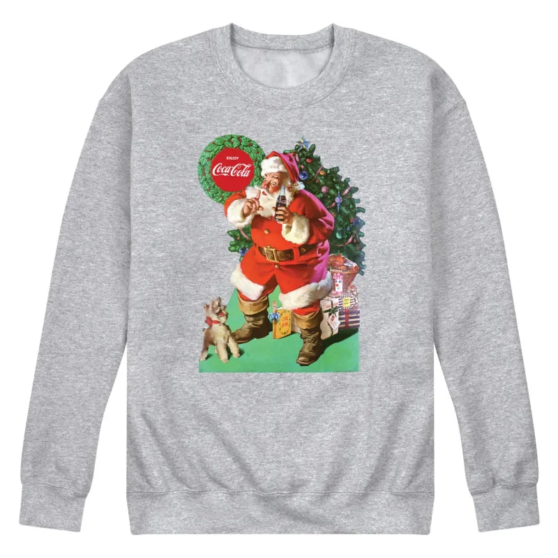 Coca-Cola - Vintage Santa with Dog - Men's Long Sleeve Crew Fleece Sweatshirt made by Coca-Cola