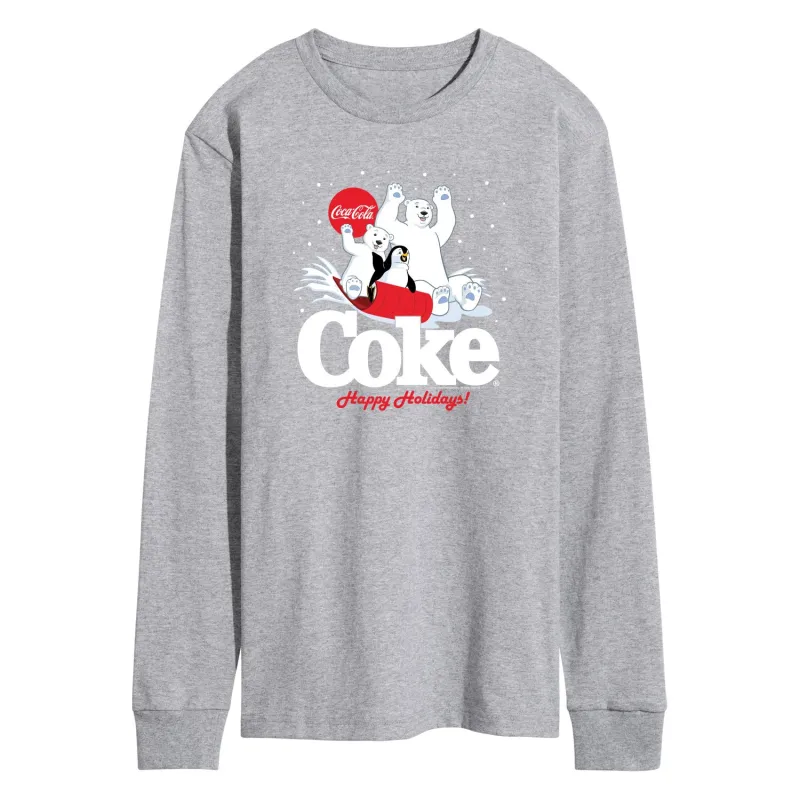 Coca-Cola - Happy Holidays Sledding - Men's Long Sleeve Graphic T-shirt sold by Zulily