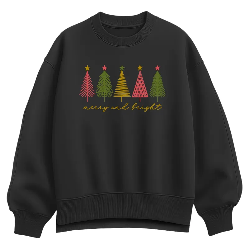 Instant Message - Merry And Bright Christmas Trees - Ladies Oversized Fleece Crew Sweatshirt sold by Zulily