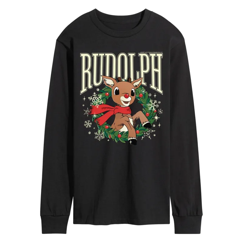 Rudolph - Rudolph Wreath Collegiate - Men's Long Sleeve Graphic T-Shirt sold by Zulily