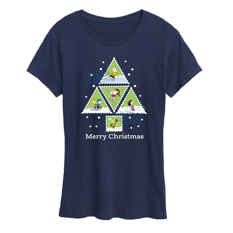 Peanuts - Christmas - Merry Christmas Triangle Tree Stamps - Women's Short Sleeve Graphic T-Shirt sold by Zulily