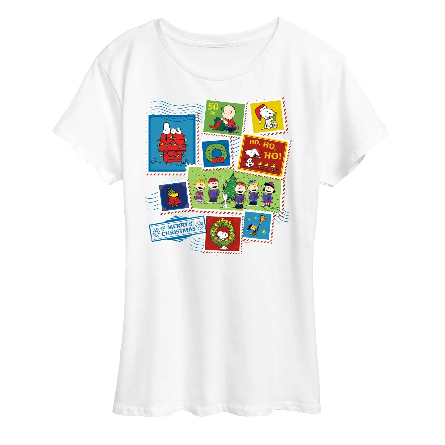 Peanuts - Christmas - Merry Christmas Stamps - Women's Short Sleeve Graphic T-Shirt sold by Zulily