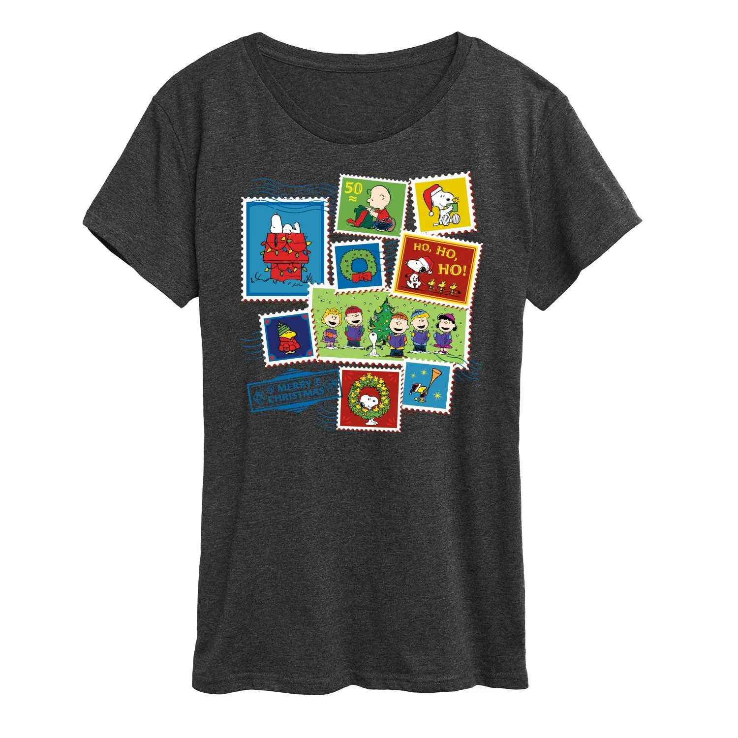 Peanuts - Christmas - Merry Christmas Stamps - Women's Short Sleeve Graphic T-Shirt sold by Zulily product image thumbnail 2