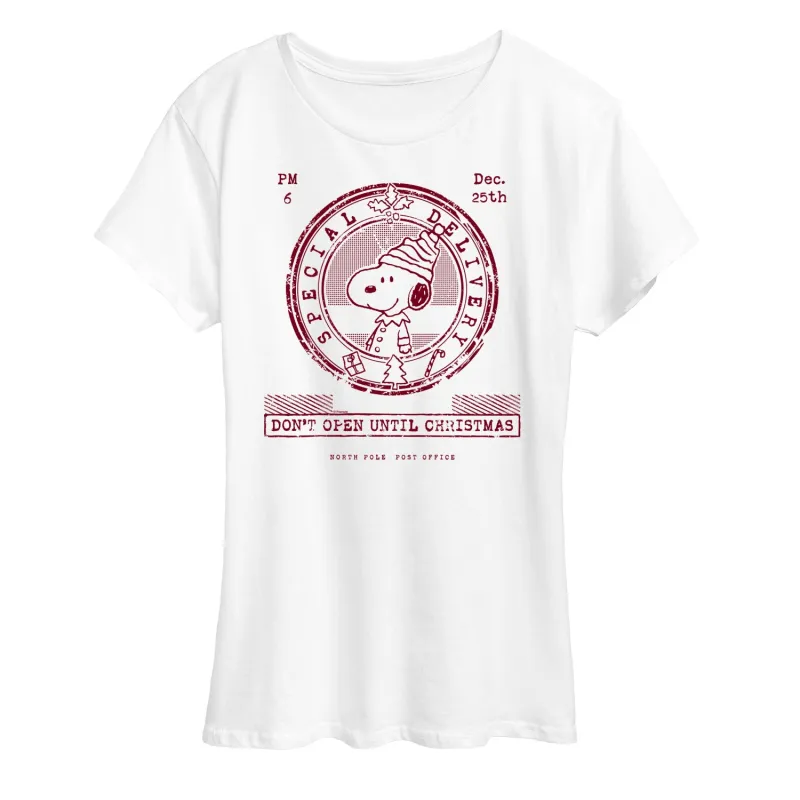Peanuts - Christmas - Special Delivery Mail - Women's Short Sleeve Graphic T-Shirt sold by Zulily