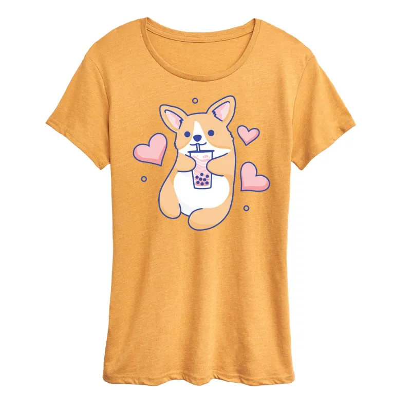 Instant Message - Kawaii - Corgi, Hearts, & Boba Tea - Women's Short Sleeve Graphic T-Shirt sold by Zulily