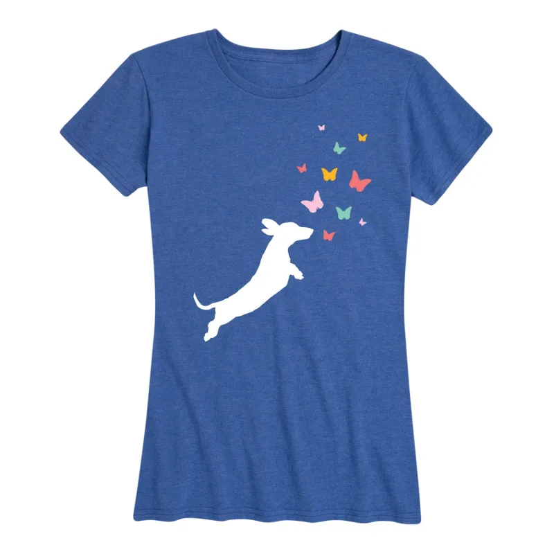 Instant Message - Dachshund Chasing Butterflies - Women's Short Sleeve Graphic T-shirt made by Zulily