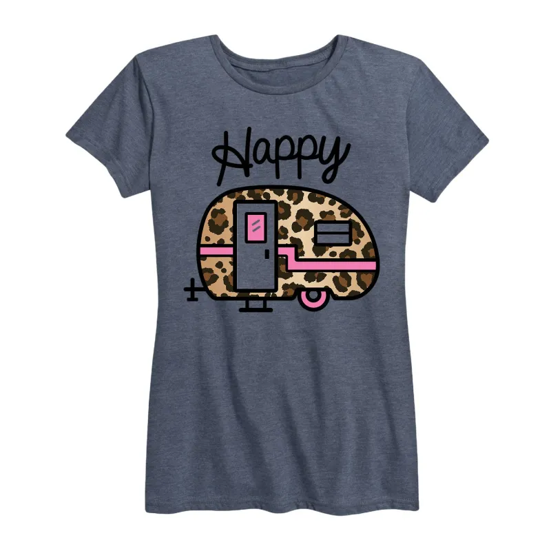 Instant Message - Happy Leopard Print Camper - Women's Short Sleeve Graphic T-Shirt sold by Zulily