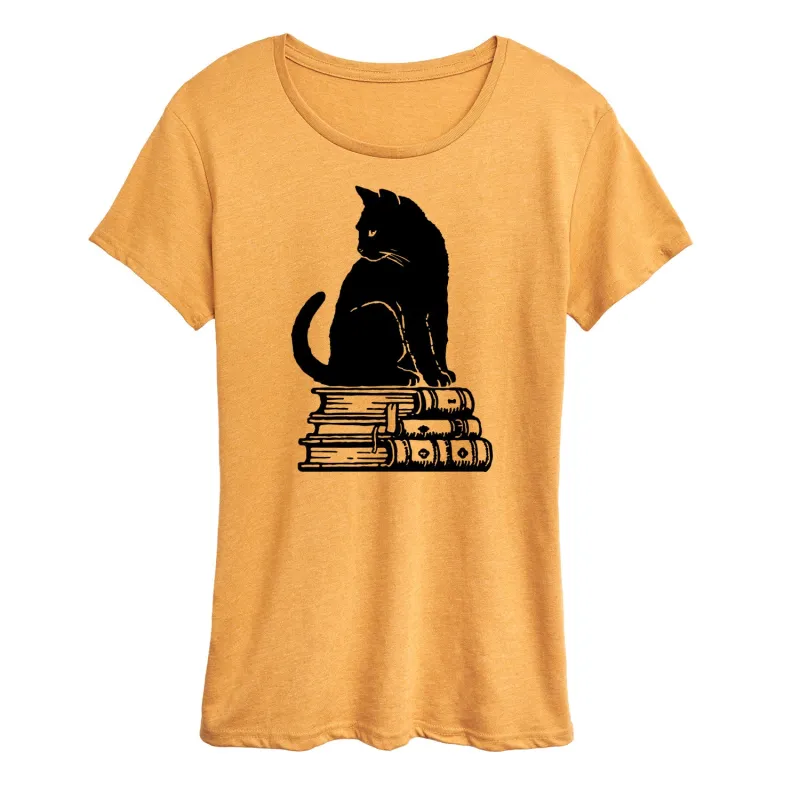 Instant Message - Black Cat On Books - Women's Short Sleeve Graphic T-Shirt sold by Zulily