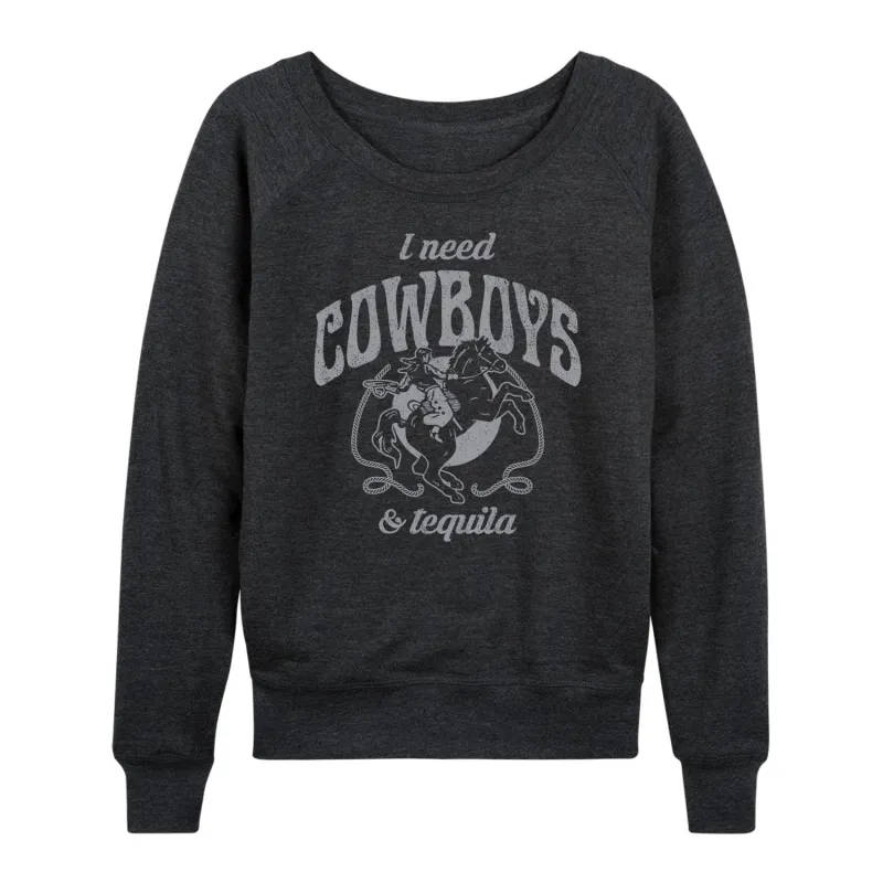 Instant Message - I Need Cowboys And Tequila - Women's Lightweight French Terry Long Sleeve Shirt sold by Zulily